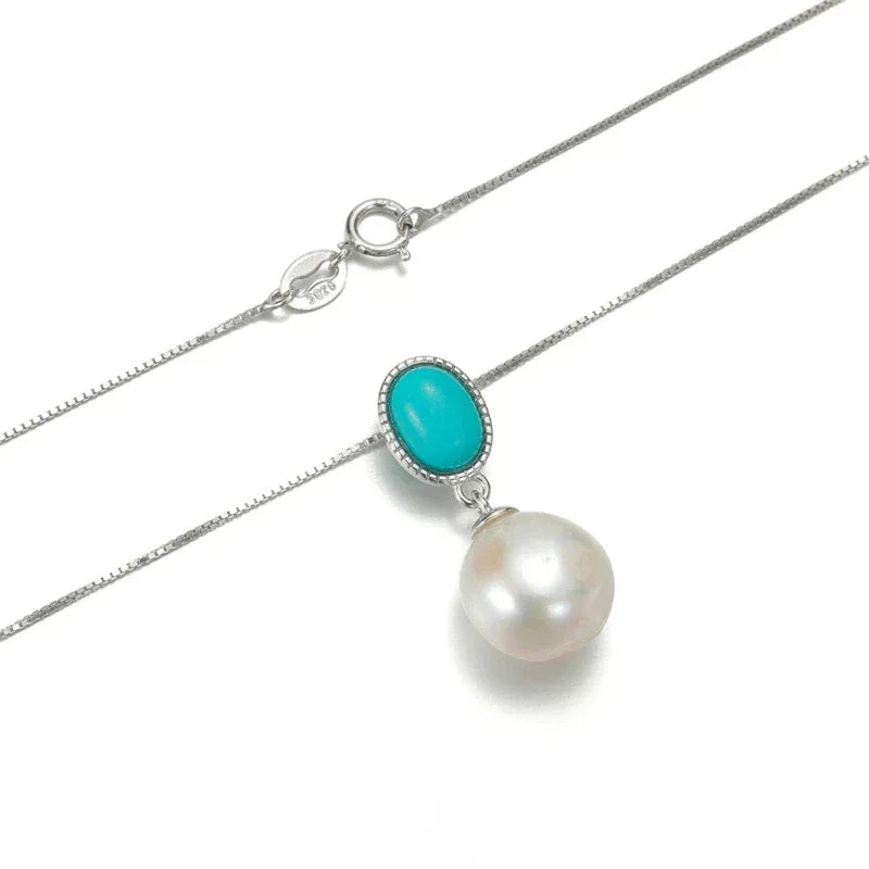 Pearl Drop Pendant Necklace with Turquoise-Blue Oval Accent in S925 Silver - close product view showing clasp and pendant