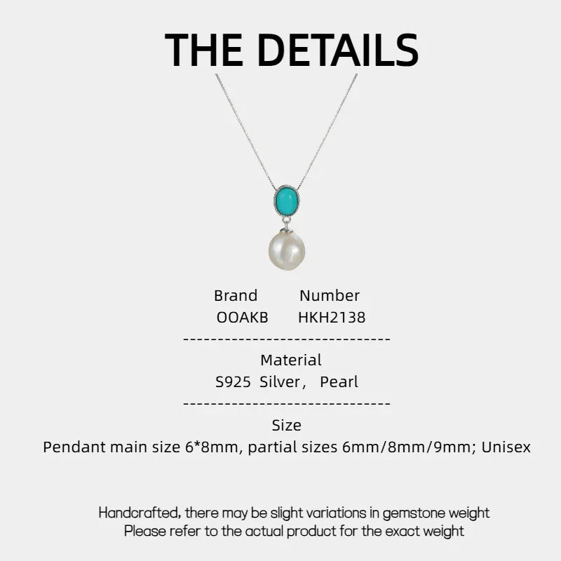 Pearl Drop Pendant Necklace with Turquoise-Blue Oval Accent in S925 Silver - specification card with material and dimensions