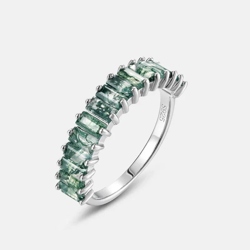 Single Row Trapezoid Square Moss Agate Ring — angled product view 5