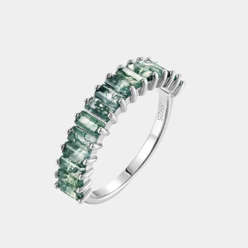Single Row Trapezoid Square Moss Agate Ring — front product view on a light background