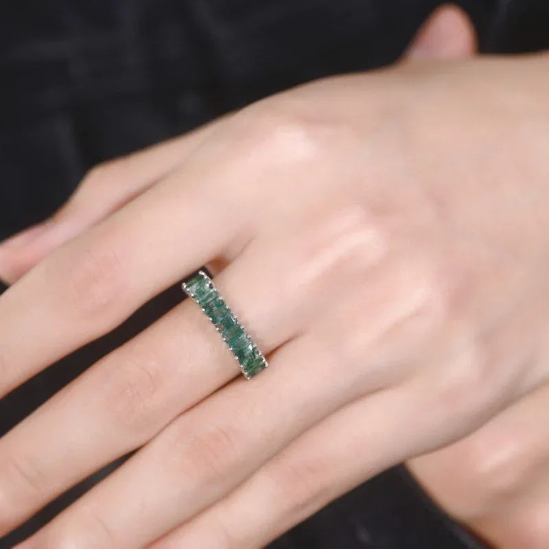 Single Row Trapezoid Square Moss Agate Ring — hand-worn scale view 2