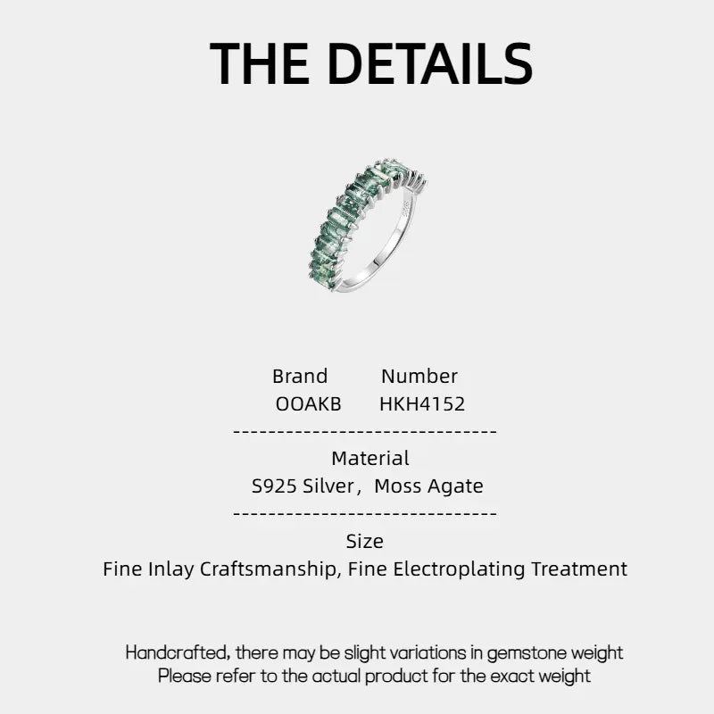 Single Row Trapezoid Square Moss Agate Ring — Moss Agate specification card with material and measurements