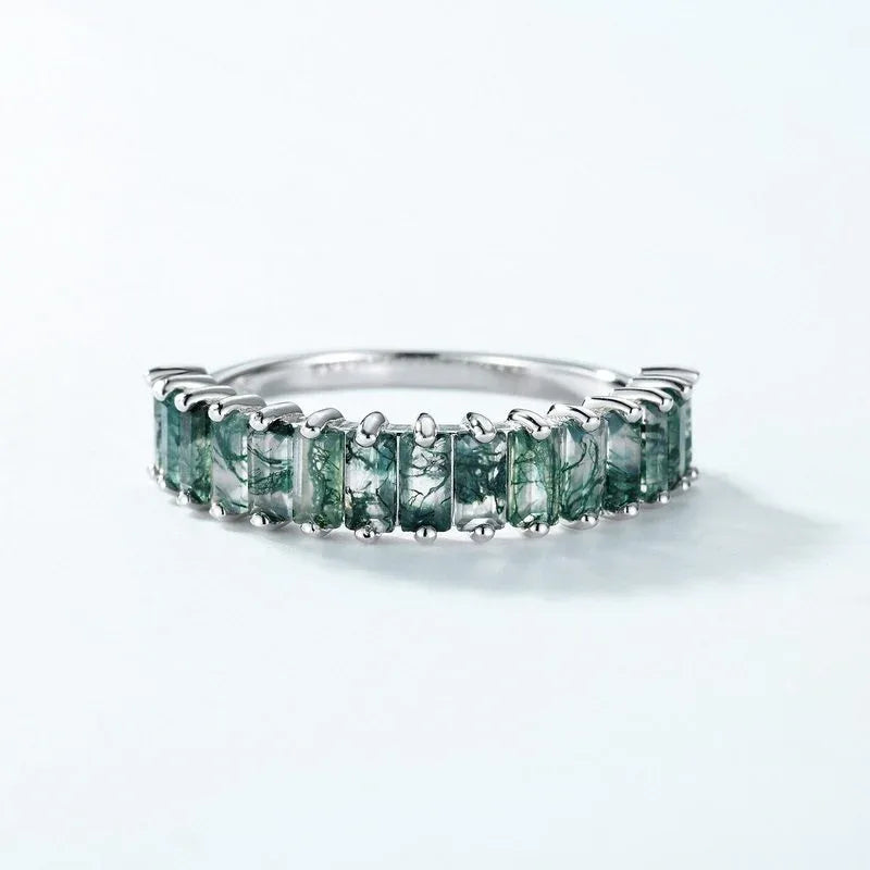 Single Row Trapezoid Square Moss Agate Ring — side profile and band detail 4
