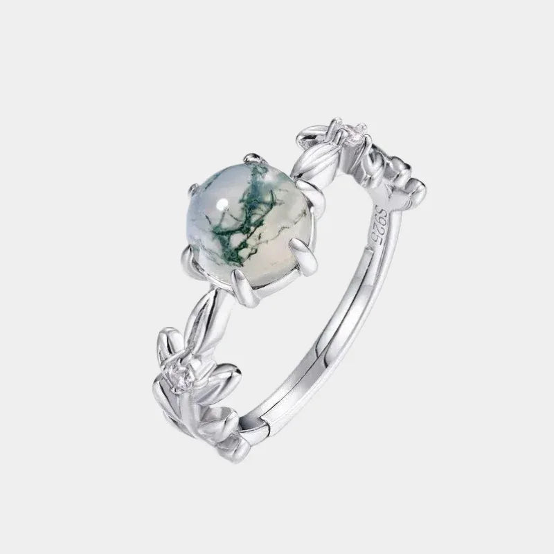 Six-Claw Moss Agate Open Ring — front product view on a light background