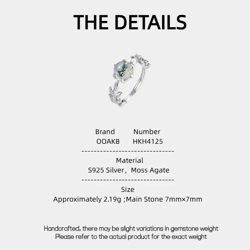 Six-Claw Moss Agate Open Ring — Moss Agate specification card with material and measurements