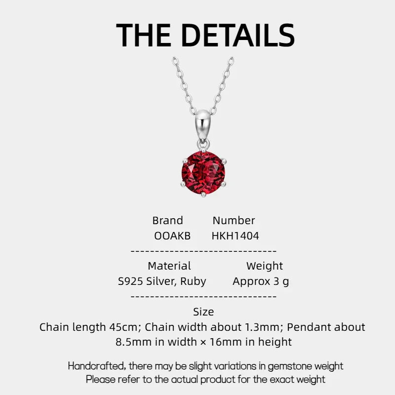 Six-Claw Ruby Necklace S925 Silver — specification card with material and size details