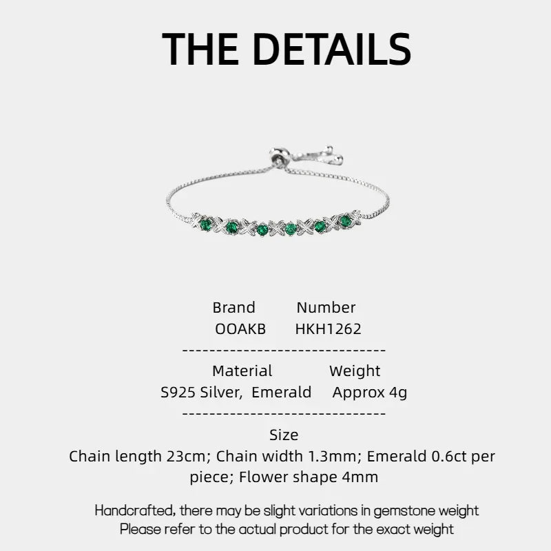 Six-Flower Emerald Adjustable Bracelet specification card with product measurements