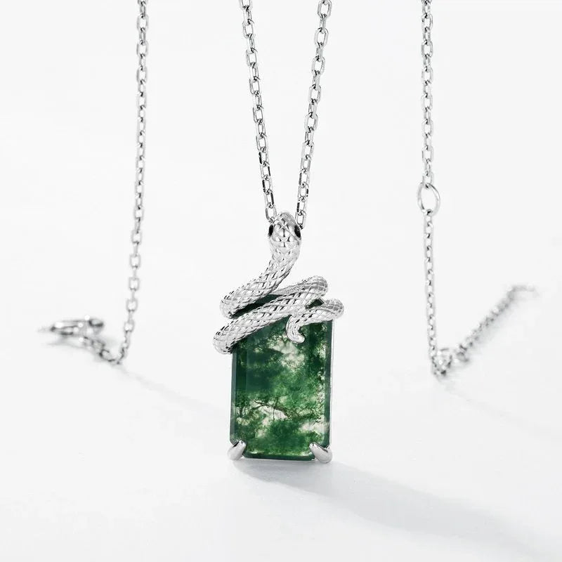 Snake Coiled Moss Agate Pendant Necklace — angled pendant and chain detail 4