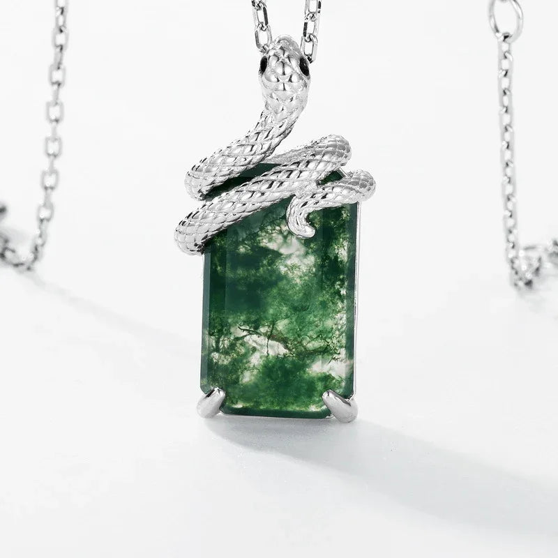 Snake Coiled Moss Agate Pendant Necklace — full necklace arrangement 5