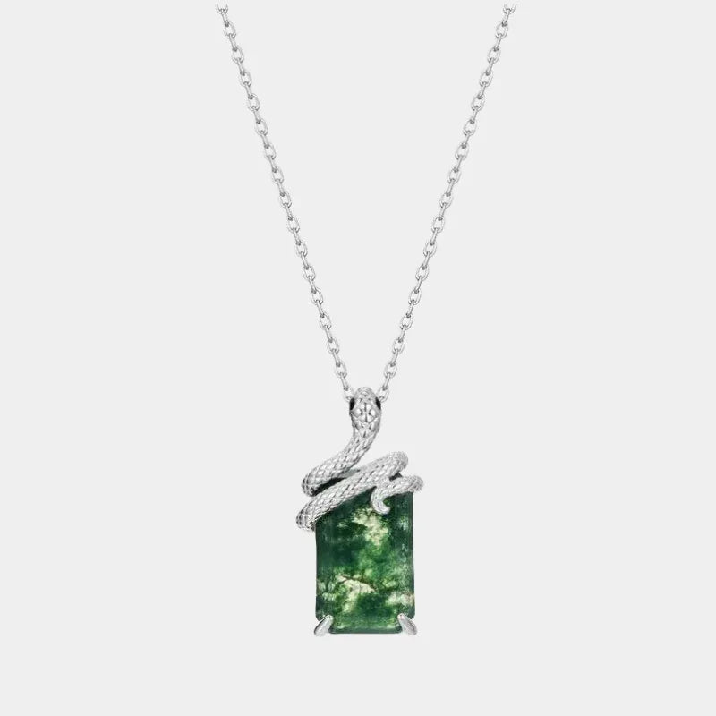 Snake Coiled Moss Agate Pendant Necklace — full necklace view on a light background