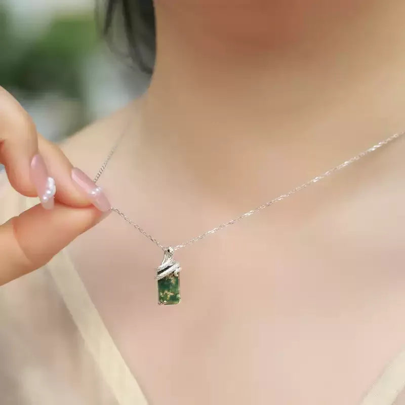 Snake Coiled Moss Agate Pendant Necklace — neckline scale view 2