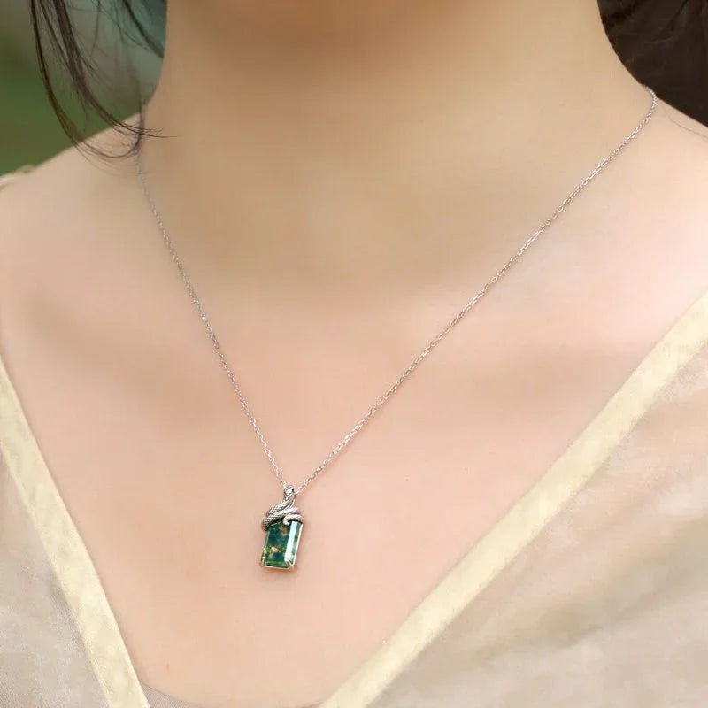 Snake Coiled Moss Agate Pendant Necklace — pendant close-up 3