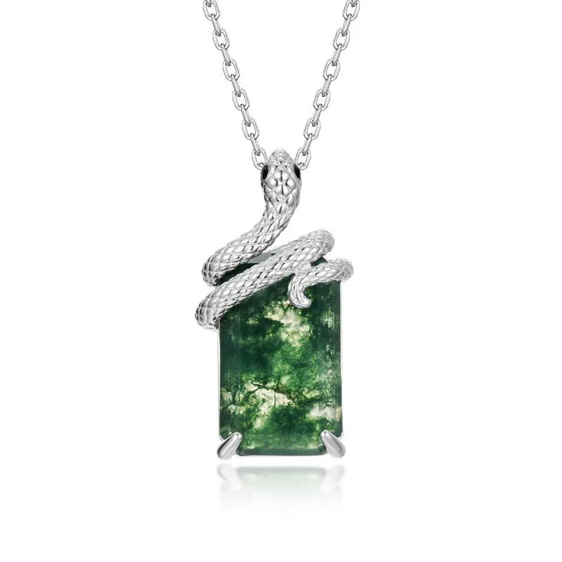 Snake Coiled Moss Agate Pendant Necklace — setting detail 6