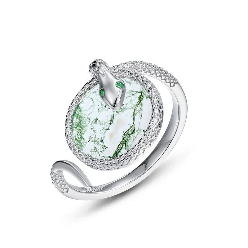 Snake Coiled Moss Agate Ring — angled product view 5