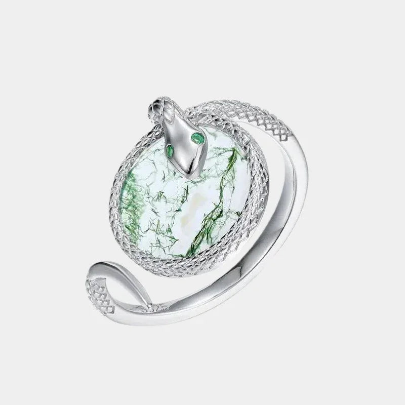 Snake Coiled Moss Agate Ring — front product view on a light background