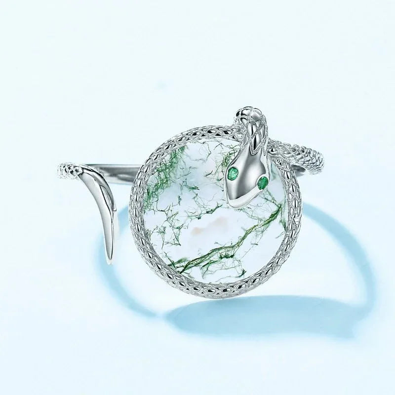 Snake Coiled Moss Agate Ring — front setting detail 3