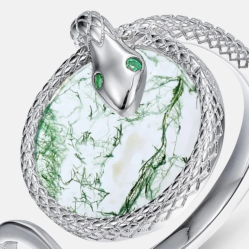 Snake Coiled Moss Agate Ring — side profile and band detail 4