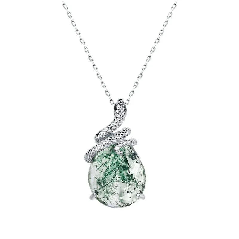 Snake-Shaped Moss Agate Pendant — angled pendant and chain detail 4