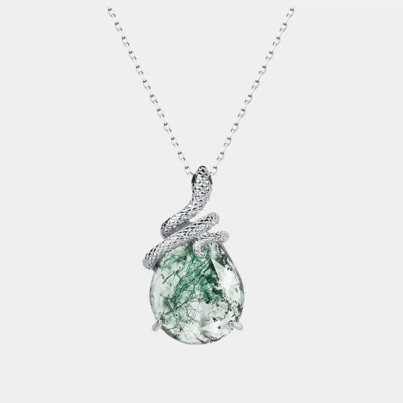 Snake-Shaped Moss Agate Pendant — full necklace view on a light background