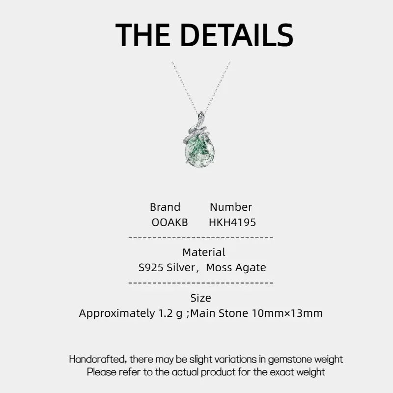 Snake-Shaped Moss Agate Pendant — Moss Agate specification card with material and measurements