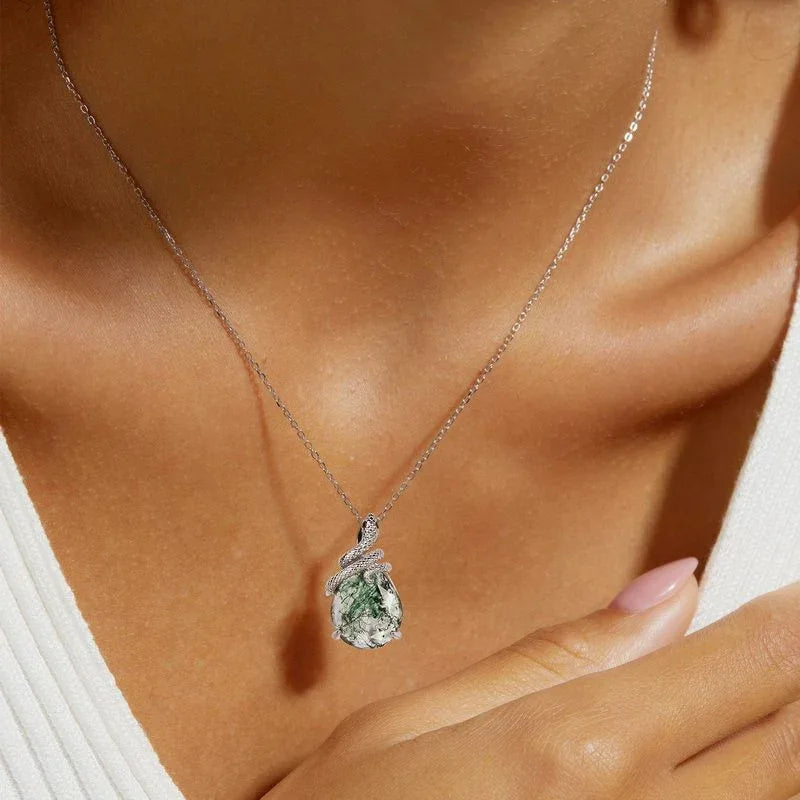 Snake-Shaped Moss Agate Pendant — neckline scale view 2