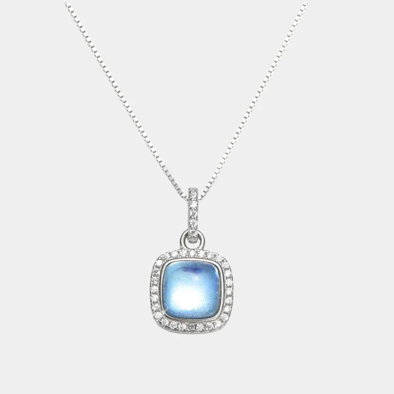 Square Aquamarine Halo Pendant Necklace full necklace view on a white background