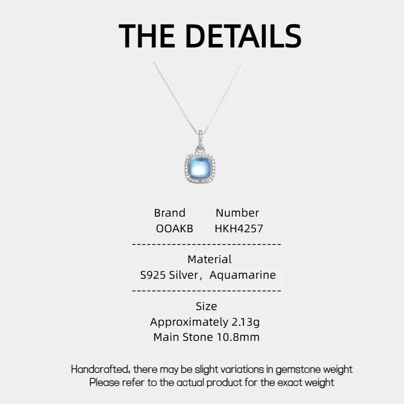 Square Aquamarine Halo Pendant Necklace specification card with product measurements