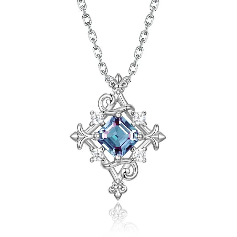 Square-cut Alexandrite filigree pendant necklace, close-up showing the setting and decorative accents