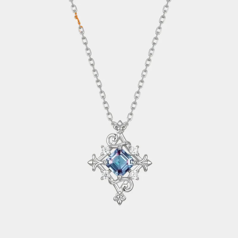 Square-cut Alexandrite filigree pendant necklace, full product view on a white background