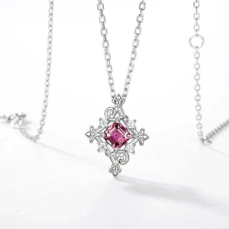 Square-cut Alexandrite filigree pendant necklace, pink-toned Alexandrite view under alternate lighting