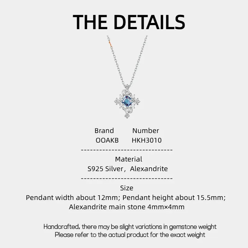 Square-cut Alexandrite filigree pendant necklace, product specification card with text