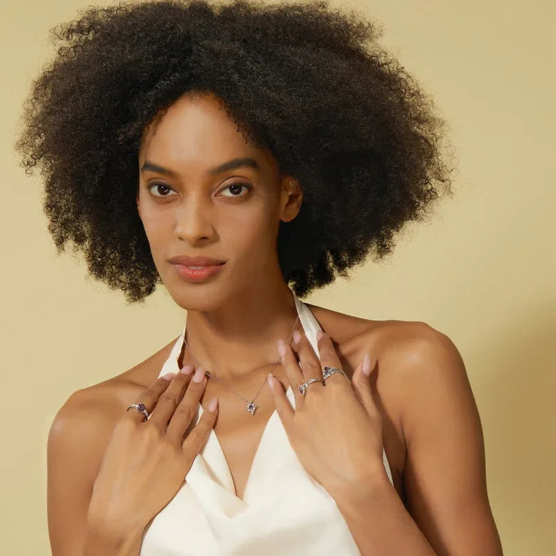 Square-cut Alexandrite filigree pendant necklace, shown worn by a model for scale