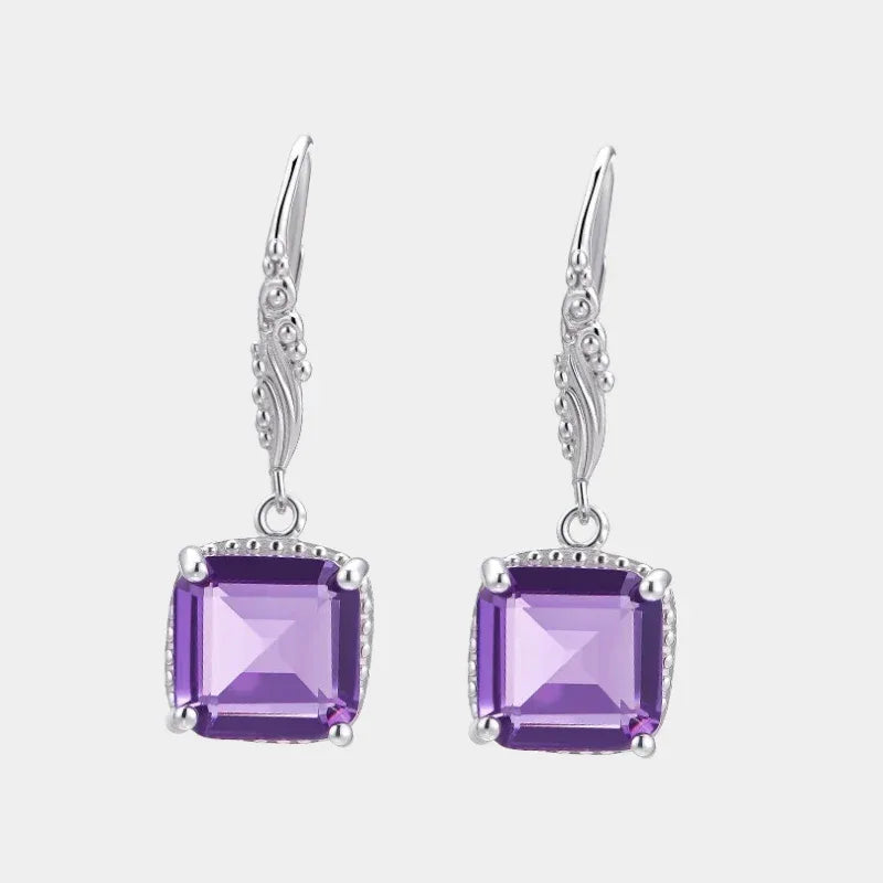 square-cut amethyst drop earrings front product view on a white background