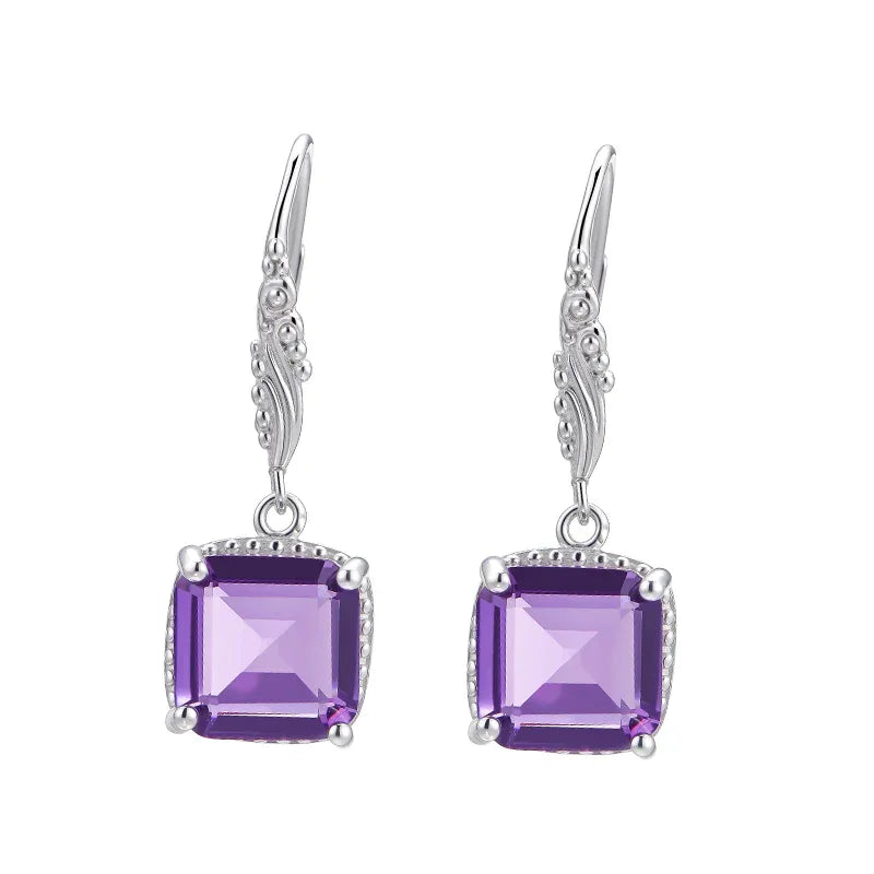 square-cut amethyst drop earrings paired product view on a white background