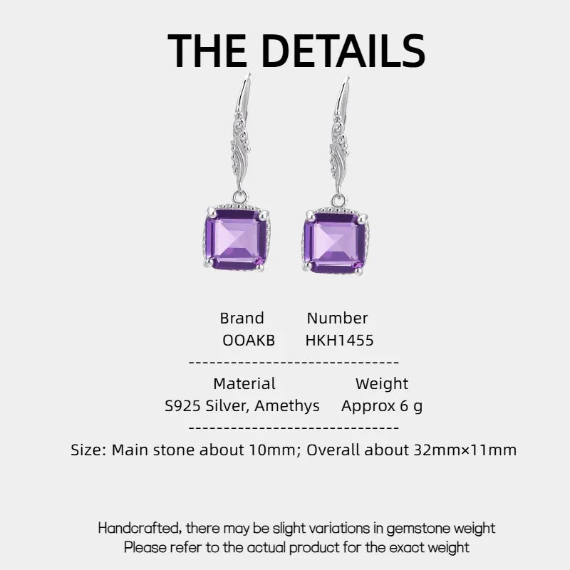 square-cut amethyst drop earrings specification card with product measurements