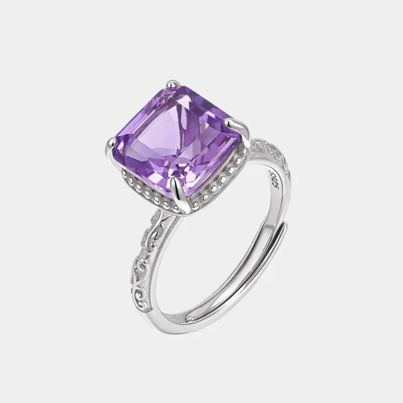 square-cut amethyst halo ring front product view on a white background