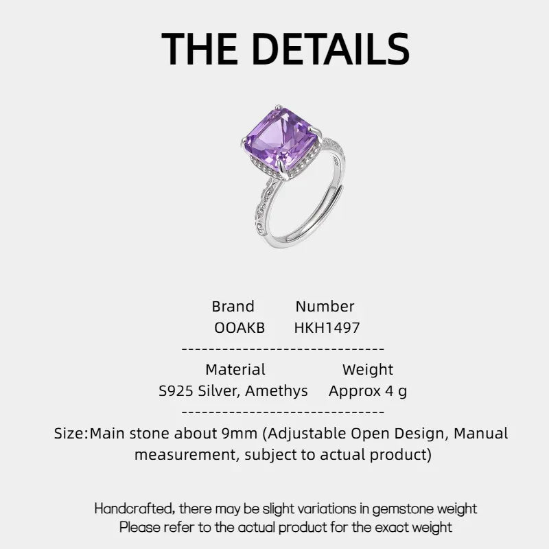 square-cut amethyst halo ring specification card with product measurements