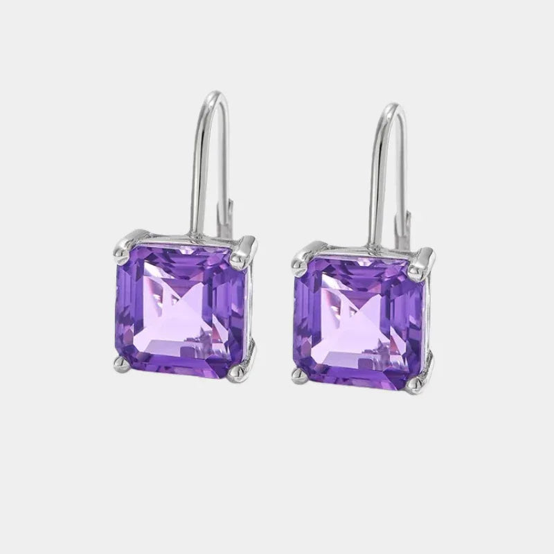 square-cut amethyst hook earrings front product view on a white background