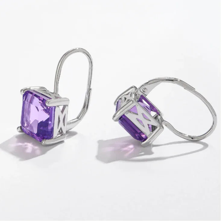 square-cut amethyst hook earrings side portrait with the earrings