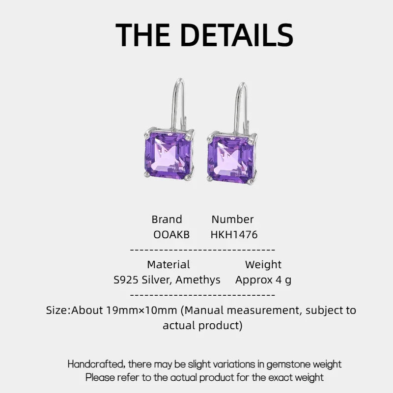 square-cut amethyst hook earrings specification card with product measurements