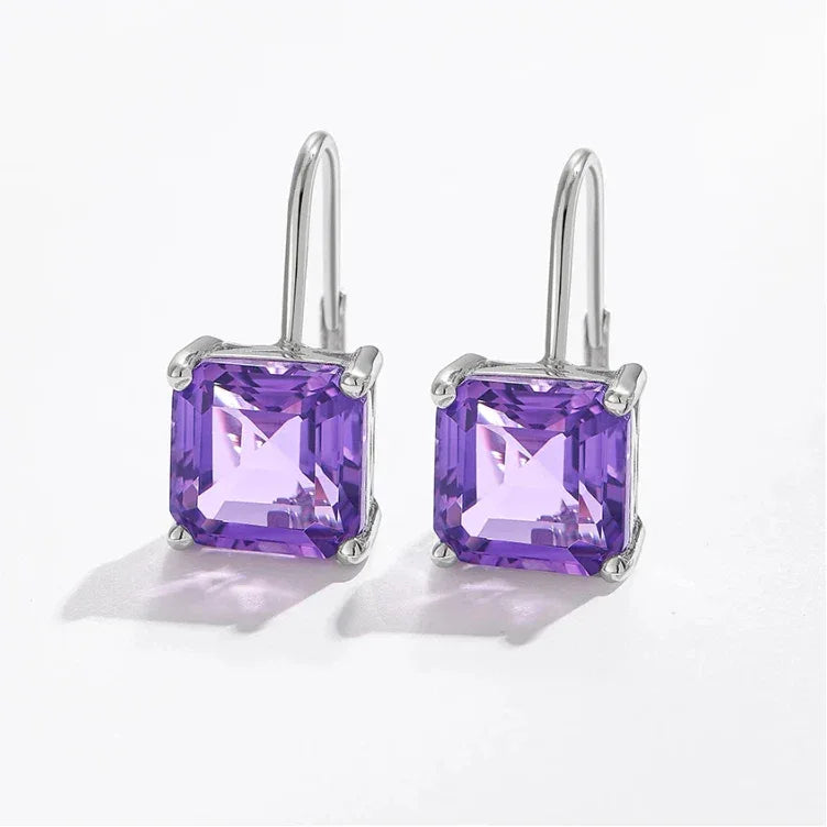 square-cut amethyst hook earrings styled portrait showing the earrings for scale