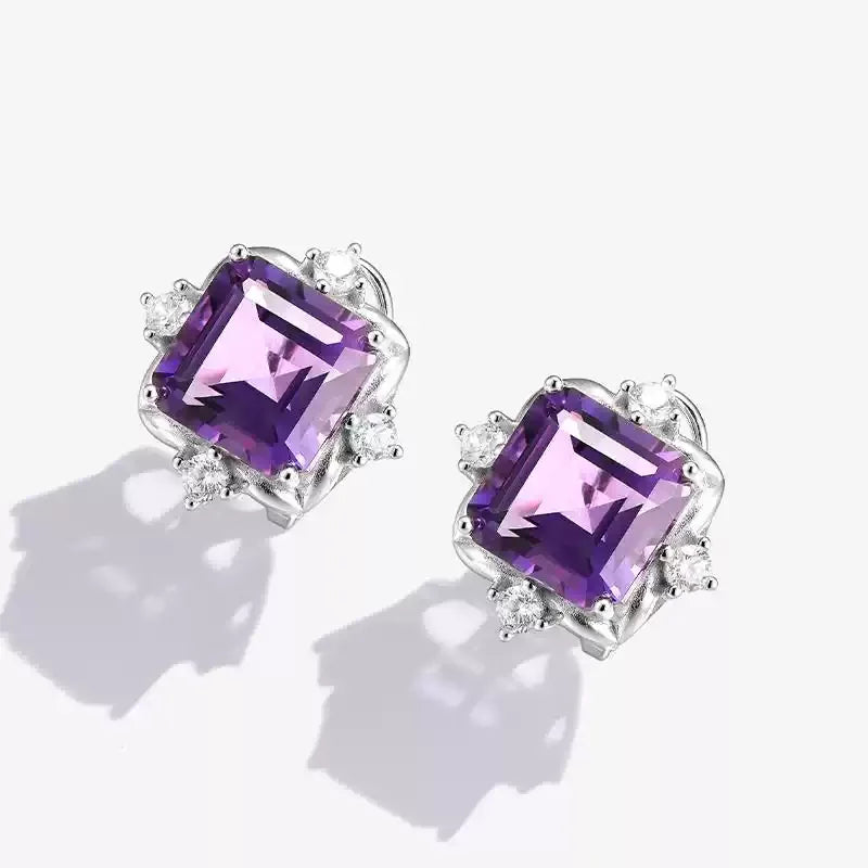 square-cut amethyst stud earrings paired product view on a white background