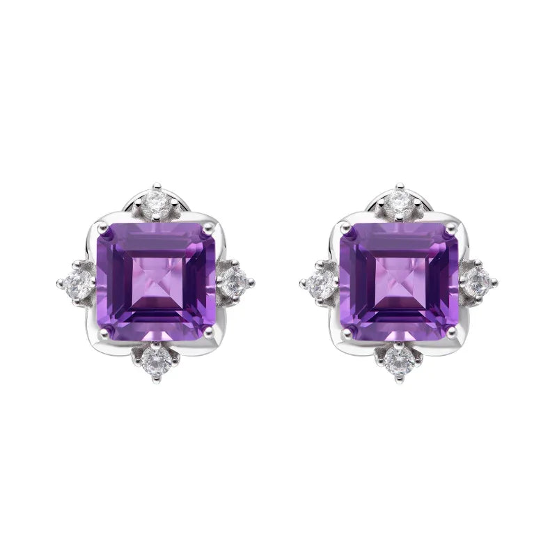 square-cut amethyst stud earrings side portrait with the earrings