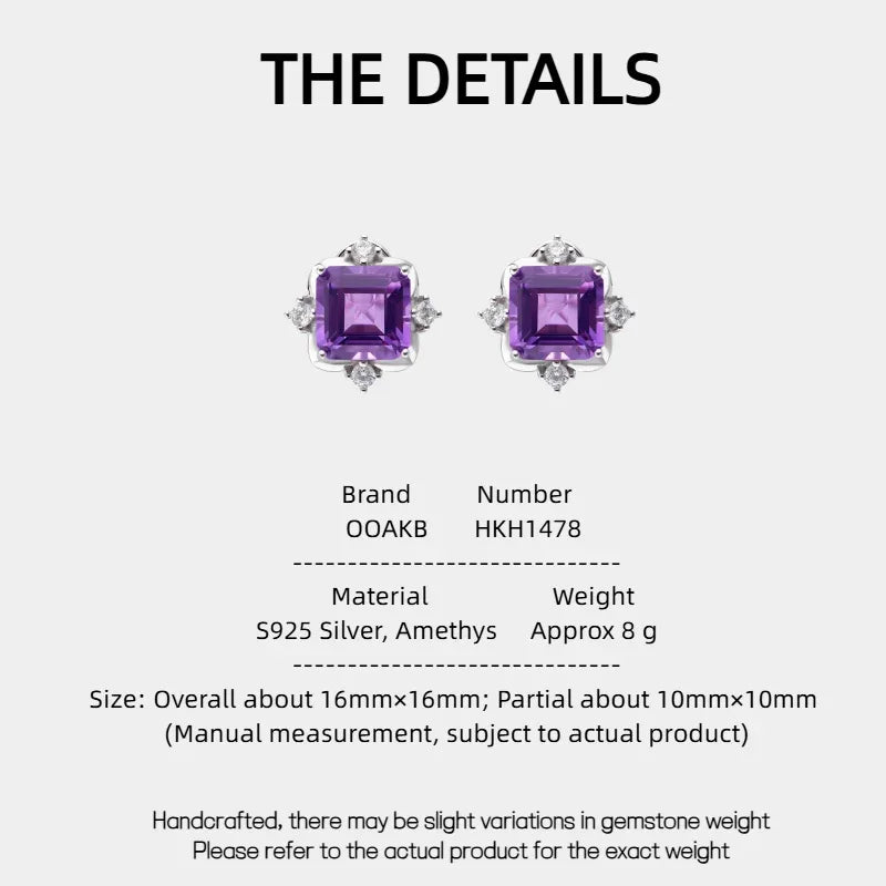 square-cut amethyst stud earrings specification card with product measurements