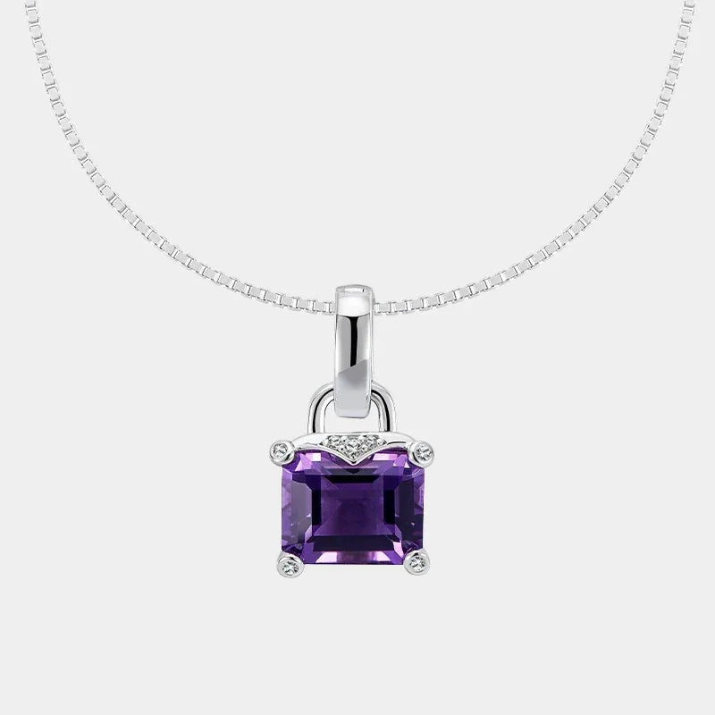 square-cut amethyst pendant necklace front product view on a white background