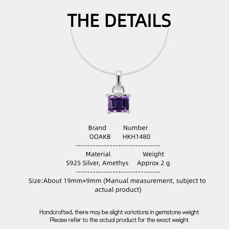 square-cut amethyst pendant necklace specification card with product measurements