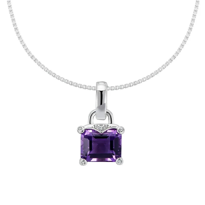square-cut amethyst pendant necklace styled model view showing pendant scale