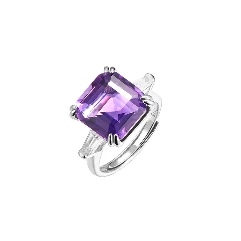 square-cut amethyst ring angled product view on a white background