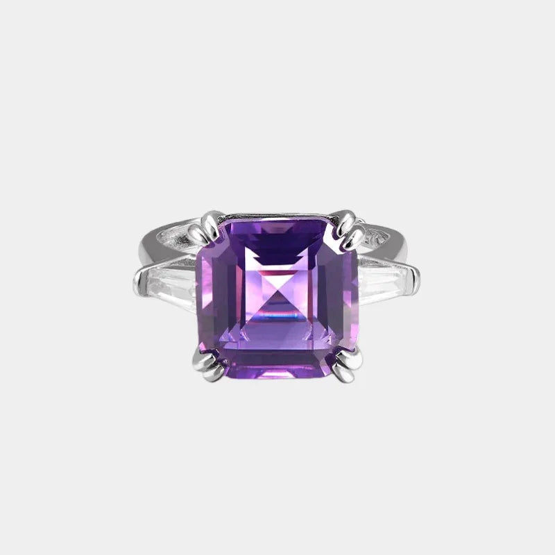 square-cut amethyst ring front product view on a white background