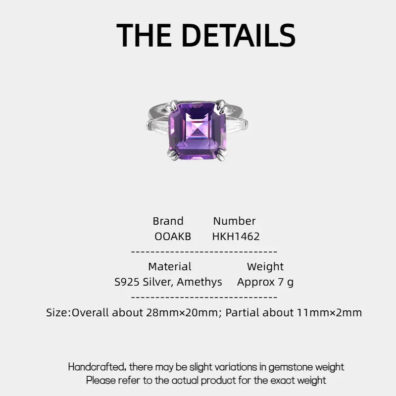 square-cut amethyst ring specification card with product measurements